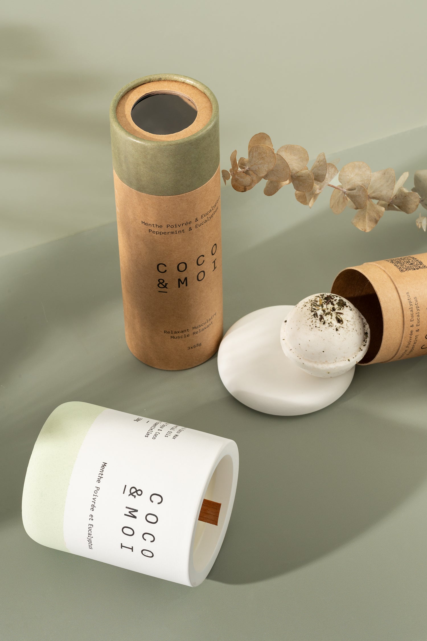 Coffret Eucalyptus et Menthe poivrée (Chandelle + 3 de bombes de bain)